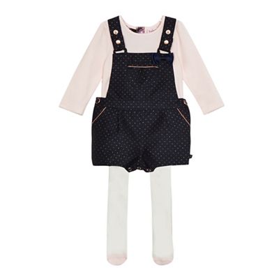 Baker by Ted Baker Baby girls' navy spot print dungarees, pink top and white tights set